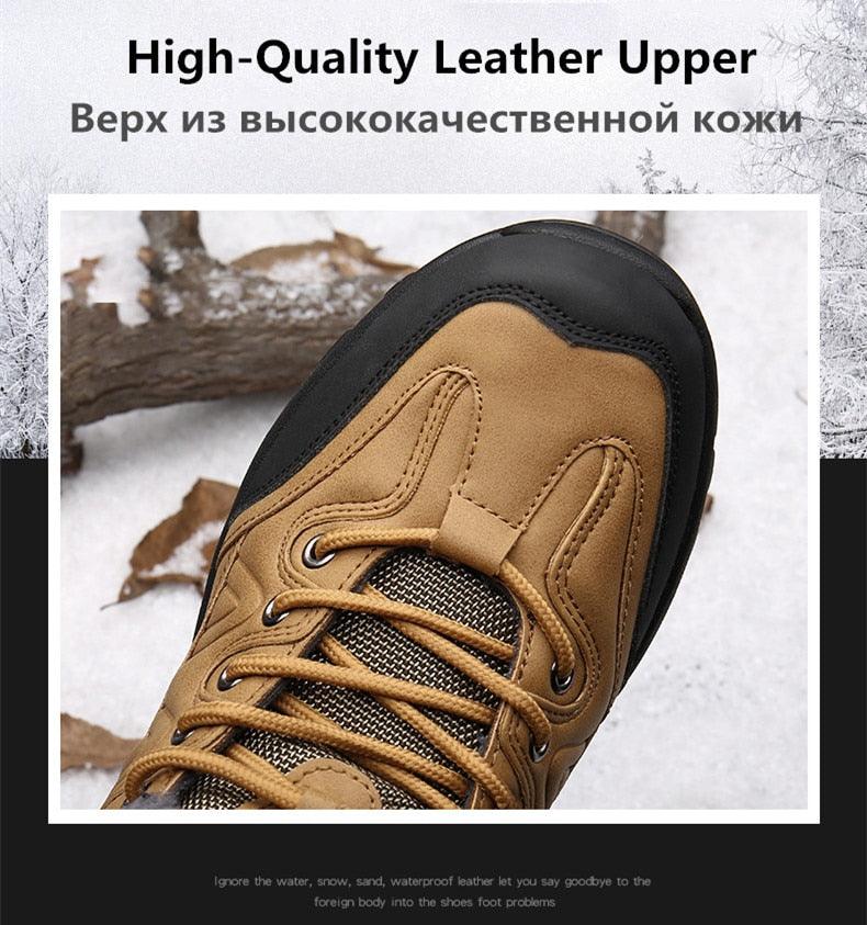 Winter Men's Boots Warm Snow Boots High Quality Leather Waterproof Outdoor Men Hiking Boots Waterproof Non-Slip Trail Fur Lined Ankle Boots Leather Winter Shoes Stevvex