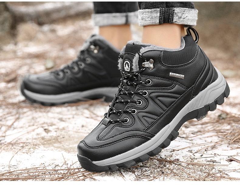 Winter Men's Boots Warm Snow Boots High Quality Leather Waterproof Outdoor Men Hiking Boots Waterproof Non-Slip Trail Fur Lined Ankle Boots Leather Winter Shoes Stevvex