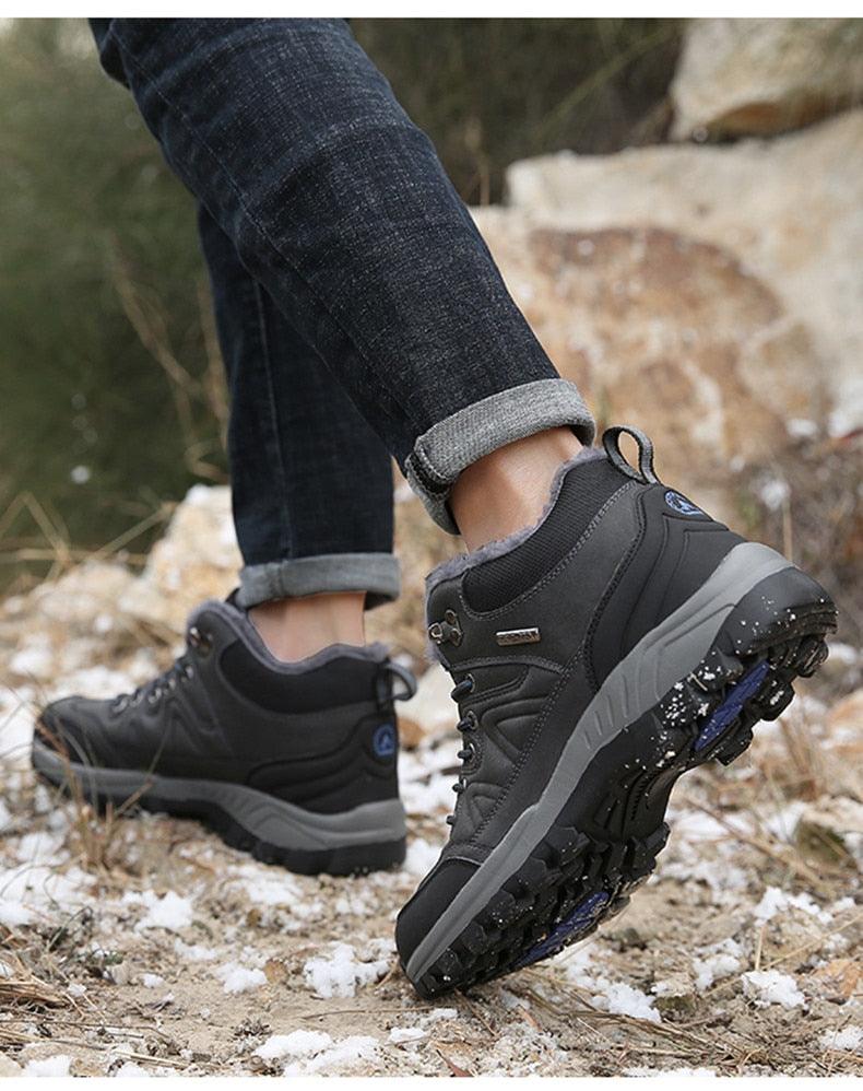 Winter Men's Boots Warm Snow Boots High Quality Leather Waterproof Outdoor Men Hiking Boots Waterproof Non-Slip Trail Fur Lined Ankle Boots Leather Winter Shoes Stevvex