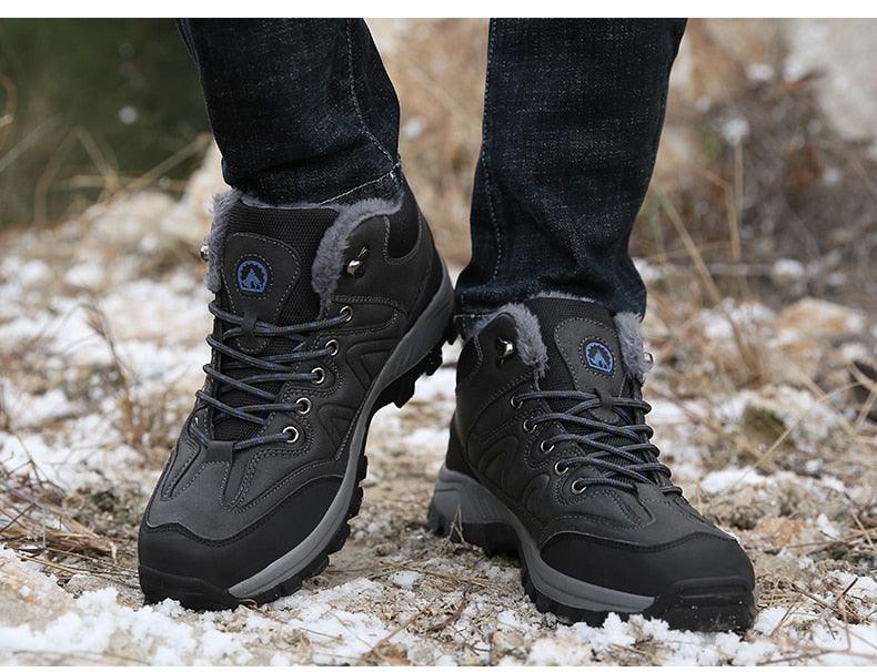 Winter Men's Boots Warm Snow Boots High Quality Leather Waterproof Outdoor Men Hiking Boots Waterproof Non-Slip Trail Fur Lined Ankle Boots Leather Winter Shoes Stevvex
