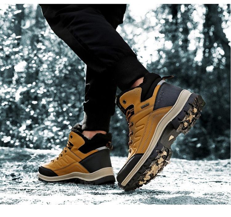 Winter Mens Boots Plush Warm Snow Boots Waterproof Outdoor Short Boots Leather Ankle Hiking Boots Mens Waterproof Outdoor Snow Boots Winter Cold Weather Shoes Stevvex