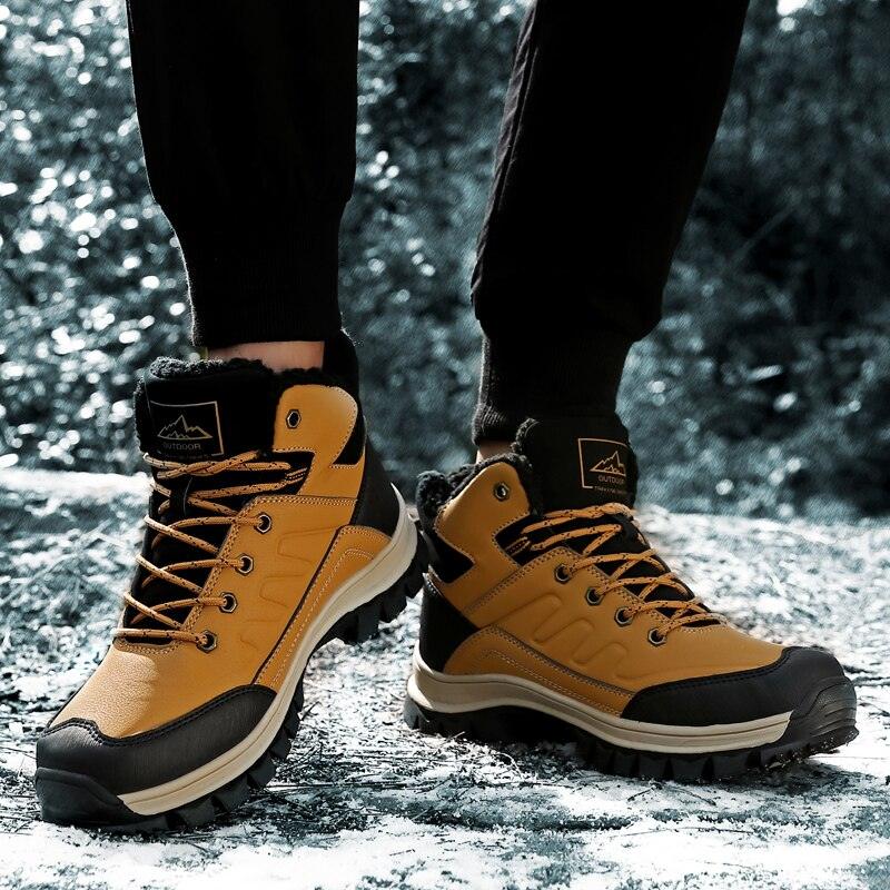 Winter Mens Boots Plush Warm Snow Boots Waterproof Outdoor Short Boots Leather Ankle Hiking Boots Mens Waterproof Outdoor Snow Boots Winter Cold Weather Shoes Stevvex