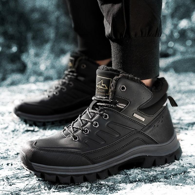 Winter Mens Boots Plush Warm Snow Boots Waterproof Outdoor Short Boots Leather Ankle Hiking Boots Mens Waterproof Outdoor Snow Boots Winter Cold Weather Shoes Stevvex