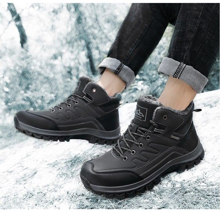 Winter Mens Boots Plush Warm Snow Boots Waterproof Outdoor Short Boots Leather Ankle Hiking Boots Mens Waterproof Outdoor Snow Boots Winter Cold Weather Shoes Stevvex