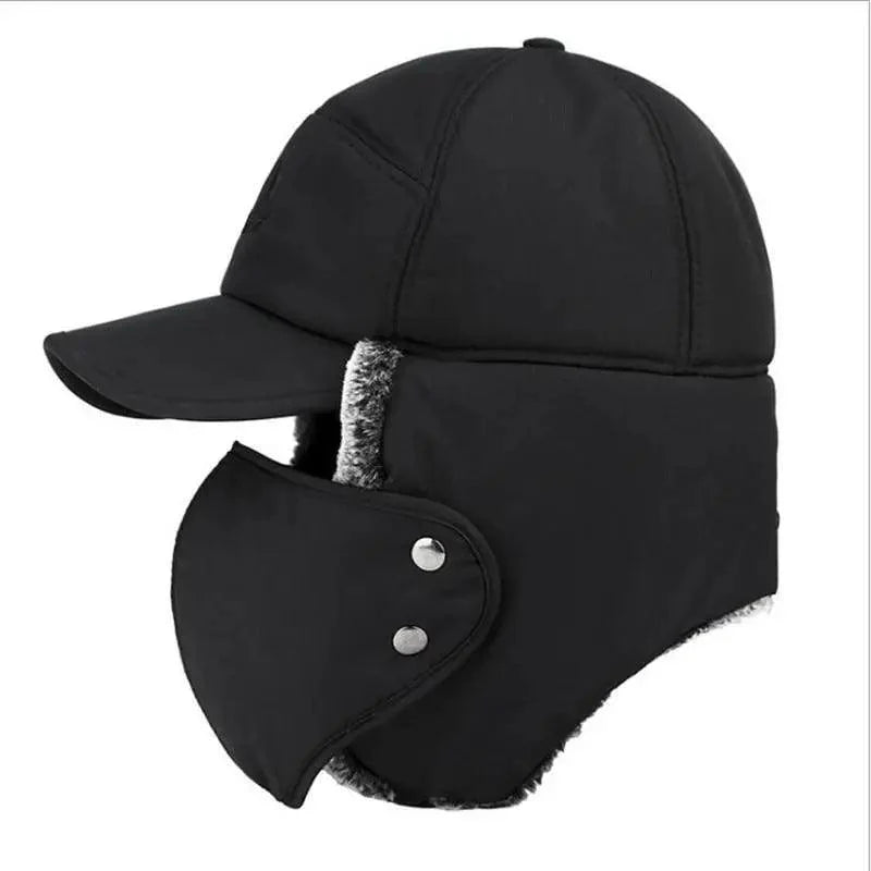 Winter Thermal Black Hat Fashion Ear Protection Face Windproof Adjustable Ski Cap Thicken Outdoor Hat Stevvex