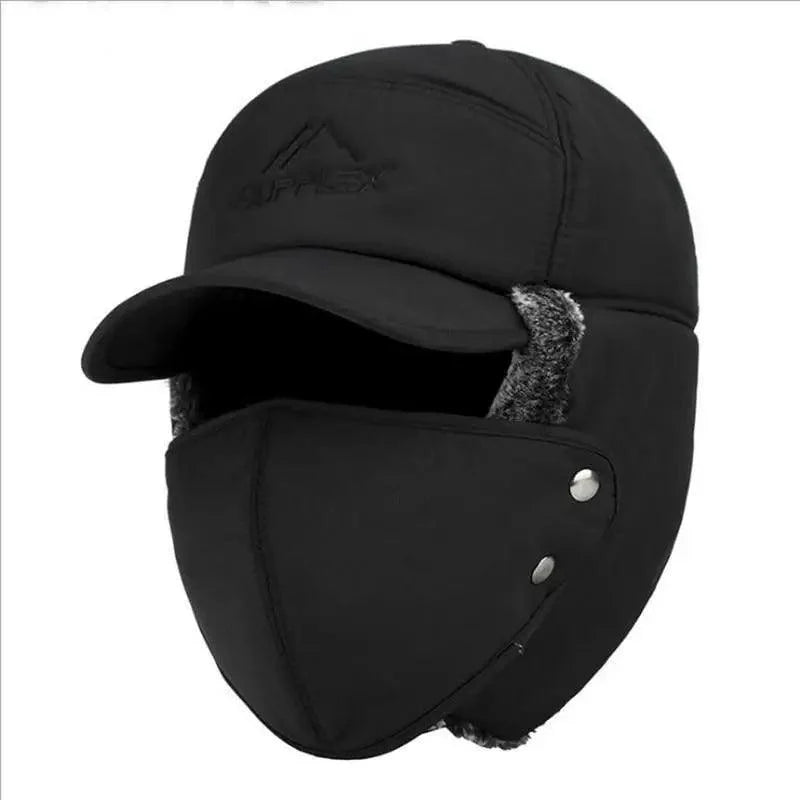 Winter Thermal Black Hat Fashion Ear Protection Face Windproof Adjustable Ski Cap Thicken Outdoor Hat Stevvex