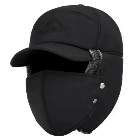 Winter Thermal Black Hat Fashion Ear Protection Face Windproof Adjustable Ski Cap Thicken Outdoor Hat Stevvex