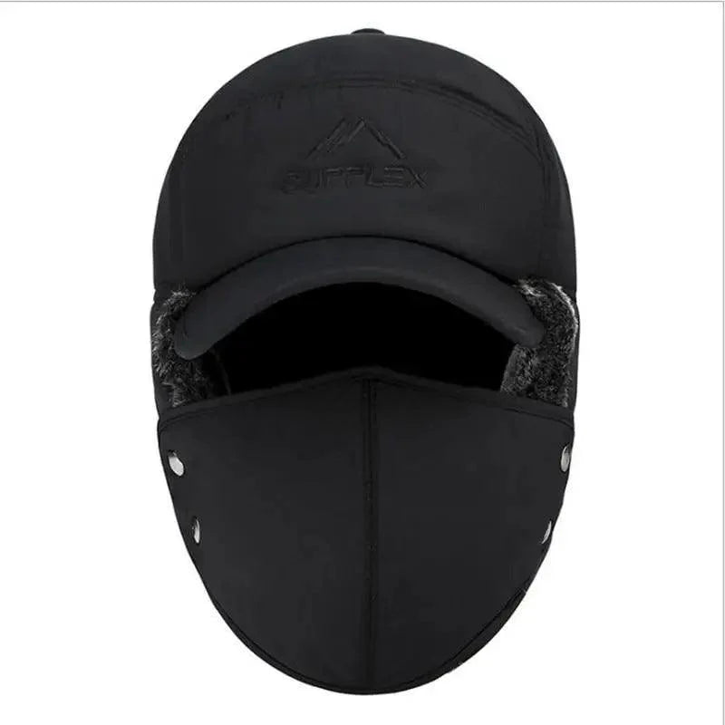 Winter Thermal Black Hat Fashion Ear Protection Face Windproof Adjustable Ski Cap Thicken Outdoor Hat Stevvex