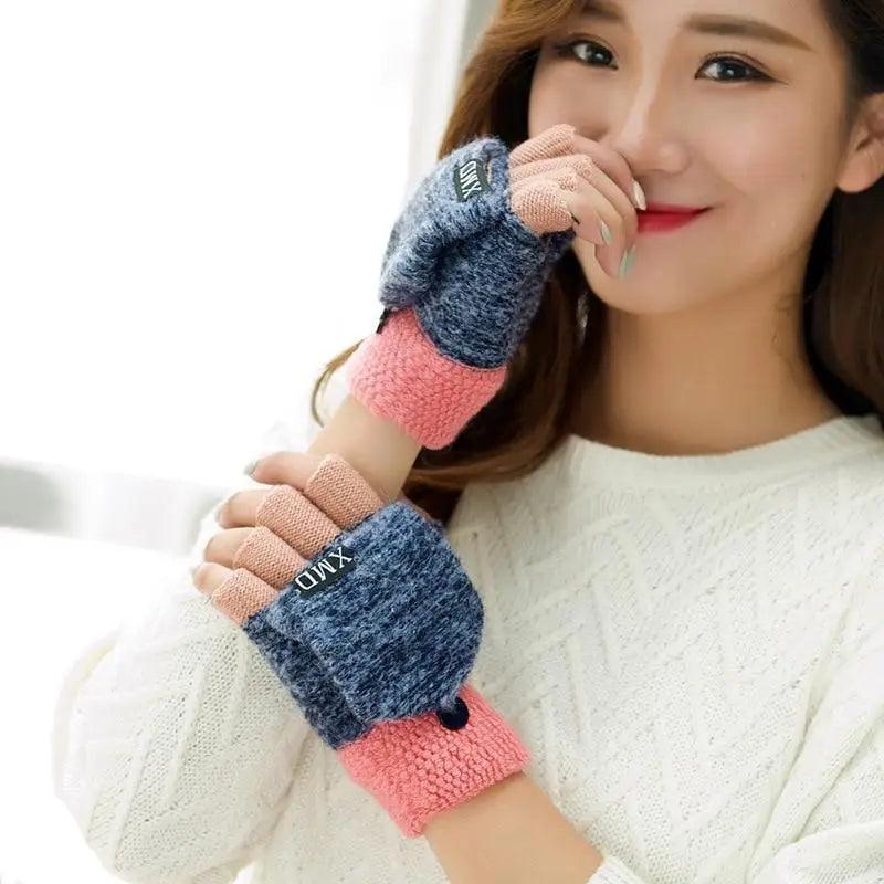 Winter Warm Thickening Wool Gloves Knitted Flip Fingerless Exposed Finger Thick Gloves Mittens Soft Cold Weather Women Gloves Stevvex