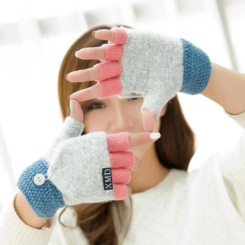 Winter Warm Thickening Wool Gloves Knitted Flip Fingerless Exposed Finger Thick Gloves Mittens Soft Cold Weather Women Gloves Stevvex