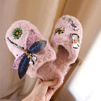 Winter Woman Warm Home Slippers Women Diamond Flip Flops Fur Slides Anti-slip Indoor Slippers Slip On Bedroom Shoes Memory Foam Wool Lining Indoor Ourdoor Non Skid Slippers Stevvex