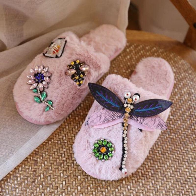 Winter Woman Warm Home Slippers Women Diamond Flip Flops Fur Slides Anti-slip Indoor Slippers Slip On Bedroom Shoes Memory Foam Wool Lining Indoor Ourdoor Non Skid Slippers Stevvex
