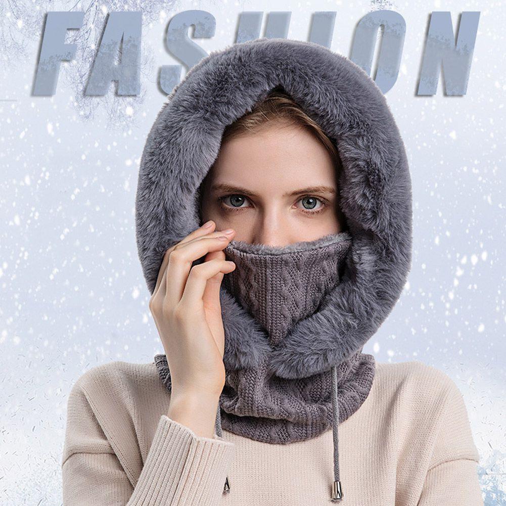 Winter Women 3 in 1 Knitted Ski Hat With Scarf Neck Warmer Fleece Lined Hood Face Mask Adult Balaclava For Outdoor Sports Balaclava Wind-Resistant Winter Face Mask Fleece Ski Mask for Men and Women Warm Face Cover Hat Cap Scarf Stevvex