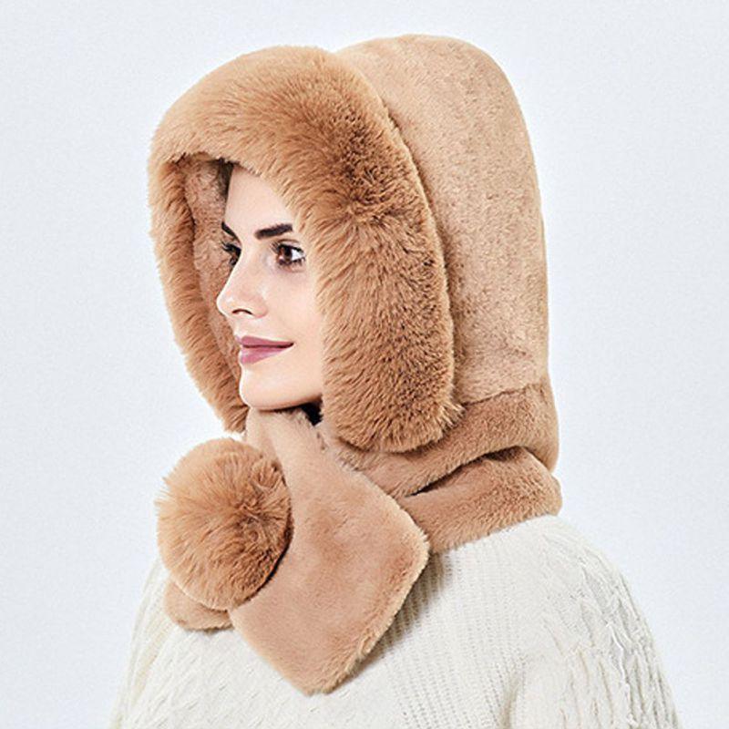 Winter Women 3 in 1 Knitted Ski Hat With Scarf Neck Warmer Fleece Lined Hood Face Mask Adult Balaclava For Outdoor Sports Balaclava Wind-Resistant Winter Face Mask Fleece Ski Mask for Men and Women Warm Face Cover Hat Cap Scarf Stevvex