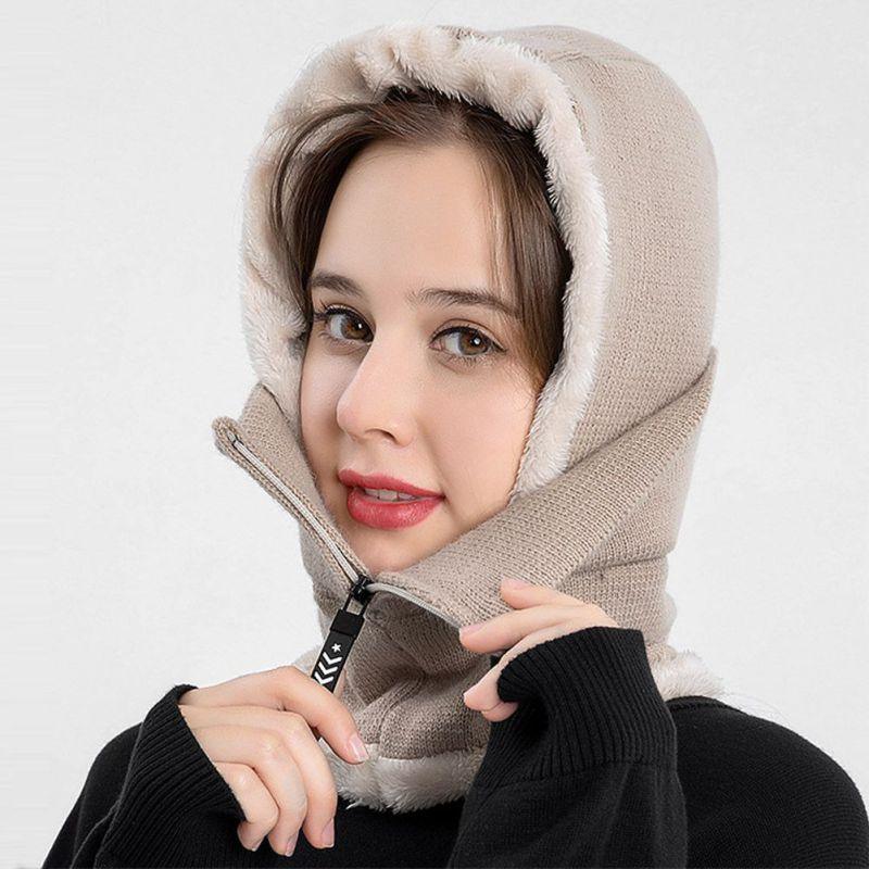 Winter Women 3 in 1 Knitted Ski Hat With Scarf Neck Warmer Fleece Lined Hood Face Mask Adult Balaclava For Outdoor Sports Balaclava Wind-Resistant Winter Face Mask Fleece Ski Mask for Men and Women Warm Face Cover Hat Cap Scarf Stevvex