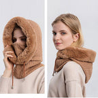 Winter Women 3 in 1 Knitted Ski Hat With Scarf Neck Warmer Fleece Lined Hood Face Mask Adult Balaclava For Outdoor Sports Balaclava Wind-Resistant Winter Face Mask Fleece Ski Mask for Men and Women Warm Face Cover Hat Cap Scarf Stevvex