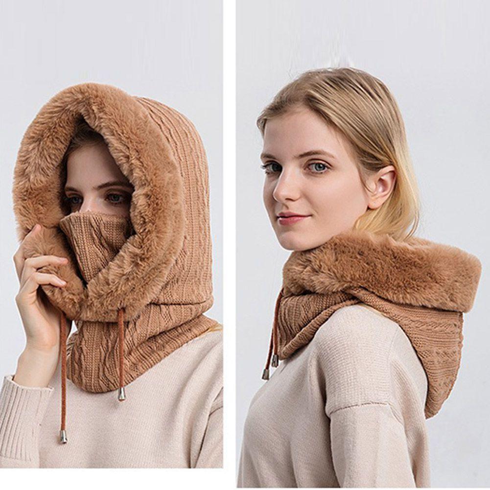 Winter Women 3 in 1 Knitted Ski Hat With Scarf Neck Warmer Fleece Lined Hood Face Mask Adult Balaclava For Outdoor Sports Balaclava Wind-Resistant Winter Face Mask Fleece Ski Mask for Men and Women Warm Face Cover Hat Cap Scarf Stevvex