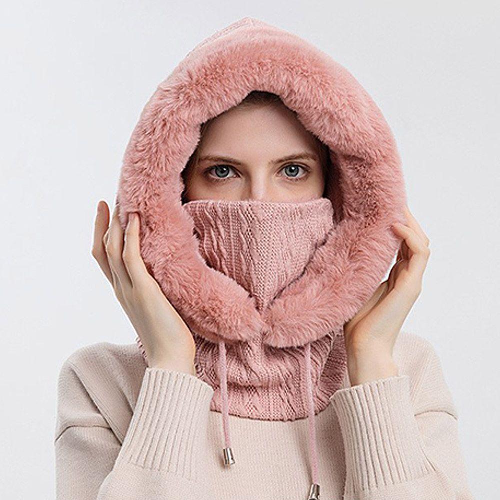 Winter Women 3 in 1 Knitted Ski Hat With Scarf Neck Warmer Fleece Lined Hood Face Mask Adult Balaclava For Outdoor Sports Balaclava Wind-Resistant Winter Face Mask Fleece Ski Mask for Men and Women Warm Face Cover Hat Cap Scarf Stevvex