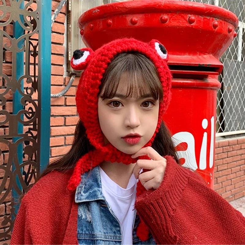 Winter Women Frog Crochet Knitted Hat Hip Hop Skellies Beanies Streetwear Costume Accessory Gift Warm Party Bonnets Cap Kids Knitted Beanie Hat Cute Frog Cartoon Winter Warmer Cap with Big Eyes for Baby Boys Girls Stevvex
