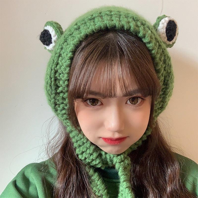 Winter Women Frog Crochet Knitted Hat Hip Hop Skellies Beanies Streetwear Costume Accessory Gift Warm Party Bonnets Cap Kids Knitted Beanie Hat Cute Frog Cartoon Winter Warmer Cap with Big Eyes for Baby Boys Girls Stevvex