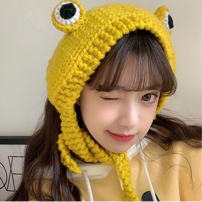 Winter Women Frog Crochet Knitted Hat Hip Hop Skellies Beanies Streetwear Costume Accessory Gift Warm Party Bonnets Cap Kids Knitted Beanie Hat Cute Frog Cartoon Winter Warmer Cap with Big Eyes for Baby Boys Girls Stevvex