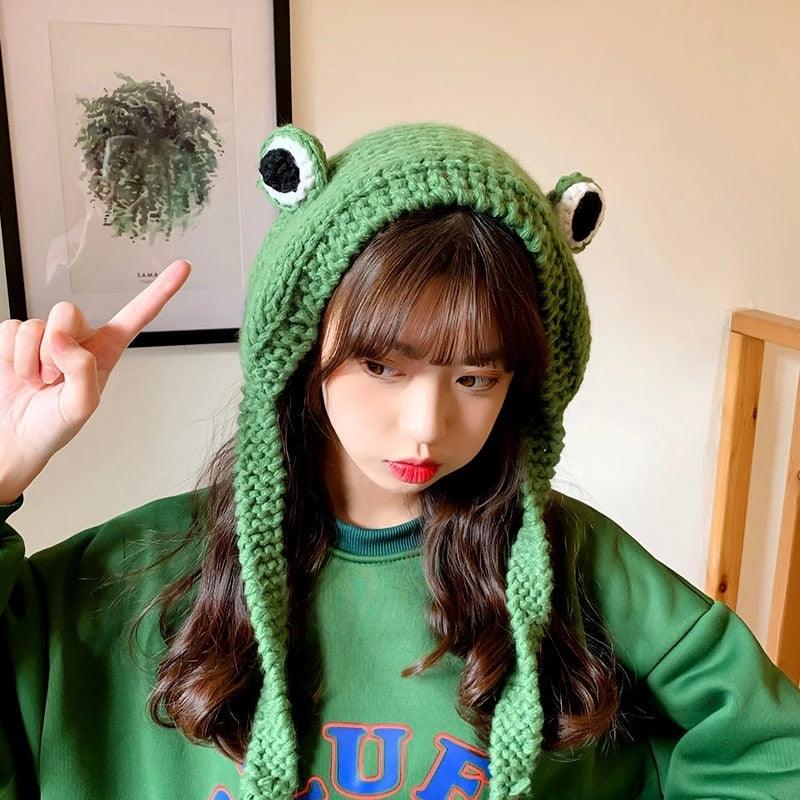 Winter Women Frog Crochet Knitted Hat Hip Hop Skellies Beanies Streetwear Costume Accessory Gift Warm Party Bonnets Cap Kids Knitted Beanie Hat Cute Frog Cartoon Winter Warmer Cap with Big Eyes for Baby Boys Girls Stevvex