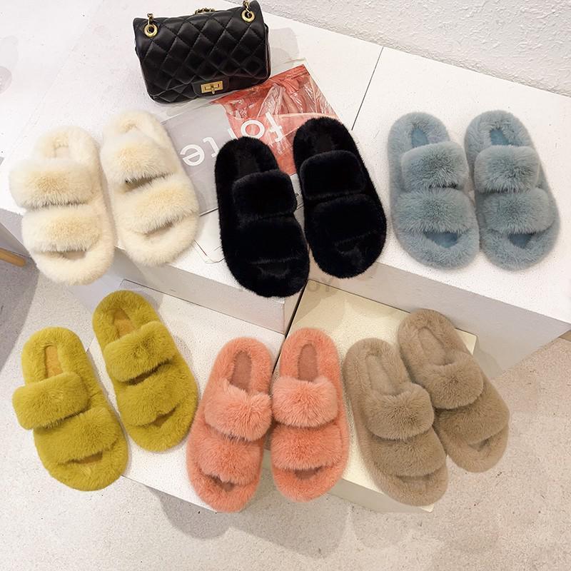 Winter Women House Furry Slippers Fashion Faux Fur Warm Shoes Slip On Flats Home Slides Plush Indoor Furry Cozy Open Toe House Shoes Indoor Outdoor Faux Fur Warm Comfy Slippers Stevvex