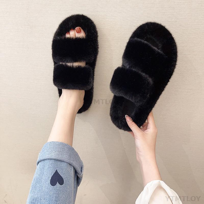 Winter Women House Furry Slippers Fashion Faux Fur Warm Shoes Slip On Flats Home Slides Plush Indoor Furry Cozy Open Toe House Shoes Indoor Outdoor Faux Fur Warm Comfy Slippers Stevvex