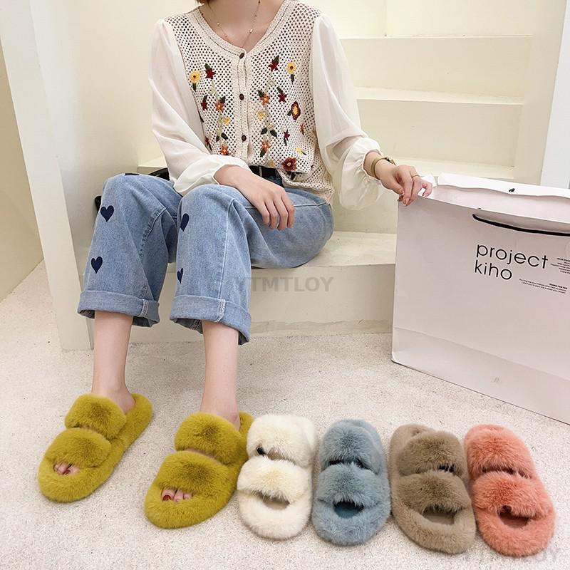Winter Women House Furry Slippers Fashion Faux Fur Warm Shoes Slip On Flats Home Slides Plush Indoor Furry Cozy Open Toe House Shoes Indoor Outdoor Faux Fur Warm Comfy Slippers Stevvex