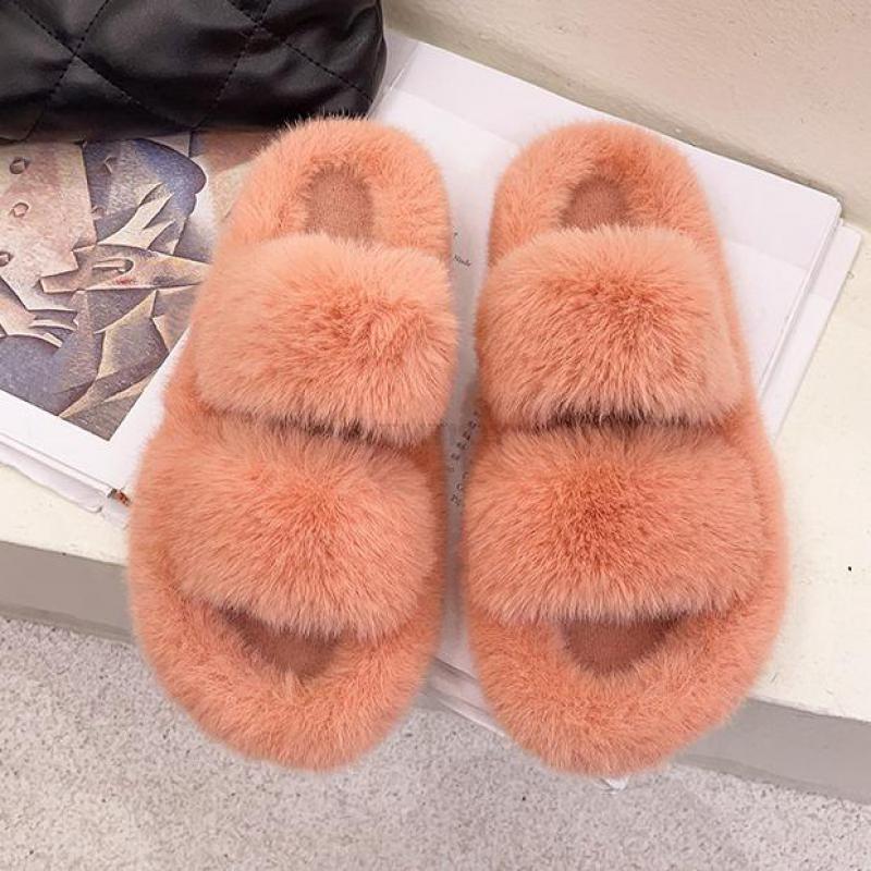 Winter Women House Furry Slippers Fashion Faux Fur Warm Shoes Slip On Flats Home Slides Plush Indoor Furry Cozy Open Toe House Shoes Indoor Outdoor Faux Fur Warm Comfy Slippers Stevvex