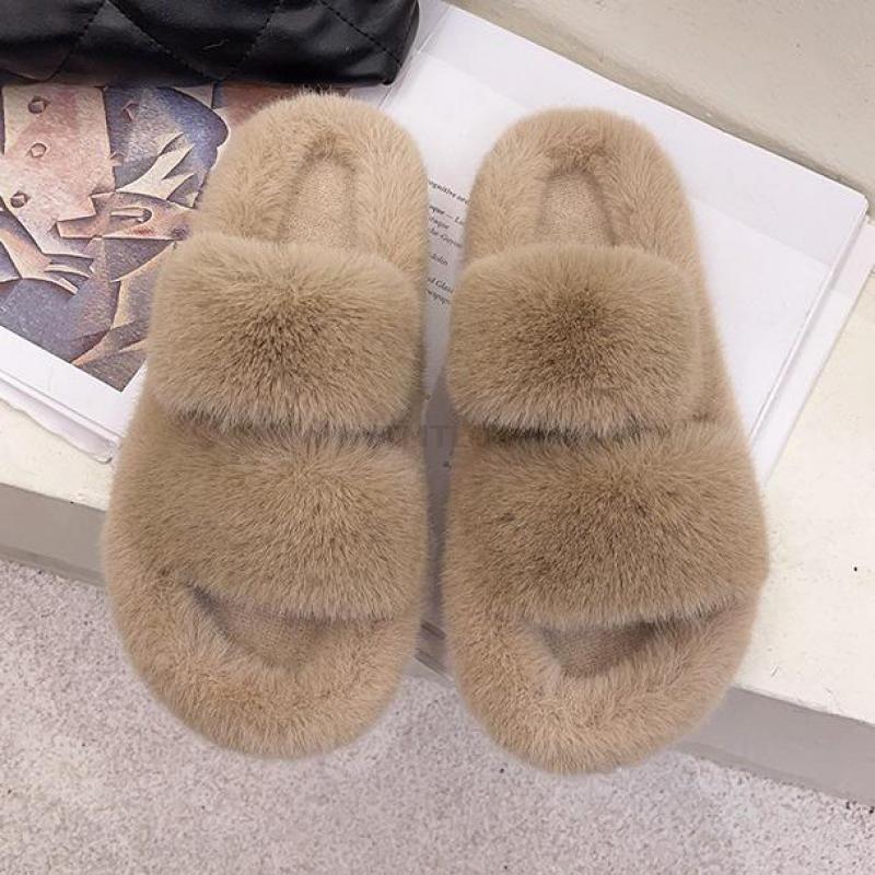 Winter Women House Furry Slippers Fashion Faux Fur Warm Shoes Slip On Flats Home Slides Plush Indoor Furry Cozy Open Toe House Shoes Indoor Outdoor Faux Fur Warm Comfy Slippers Stevvex