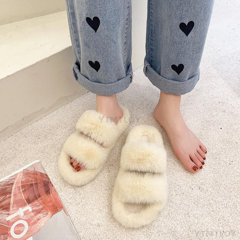 Winter Women House Furry Slippers Fashion Faux Fur Warm Shoes Slip On Flats Home Slides Plush Indoor Furry Cozy Open Toe House Shoes Indoor Outdoor Faux Fur Warm Comfy Slippers Stevvex