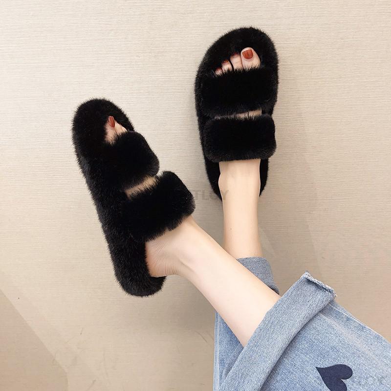 Winter Women House Furry Slippers Fashion Faux Fur Warm Shoes Slip On Flats Home Slides Plush Indoor Furry Cozy Open Toe House Shoes Indoor Outdoor Faux Fur Warm Comfy Slippers Stevvex