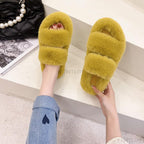 Winter Women House Furry Slippers Fashion Faux Fur Warm Shoes Slip On Flats Home Slides Plush Indoor Furry Cozy Open Toe House Shoes Indoor Outdoor Faux Fur Warm Comfy Slippers Stevvex