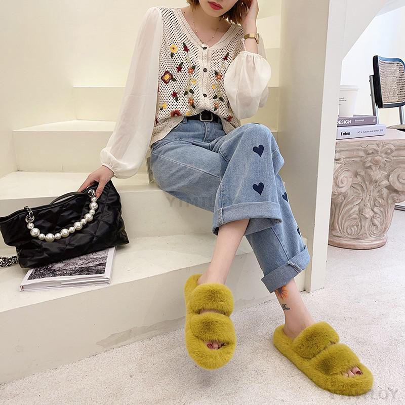 Winter Women House Furry Slippers Fashion Faux Fur Warm Shoes Slip On Flats Home Slides Plush Indoor Furry Cozy Open Toe House Shoes Indoor Outdoor Faux Fur Warm Comfy Slippers Stevvex