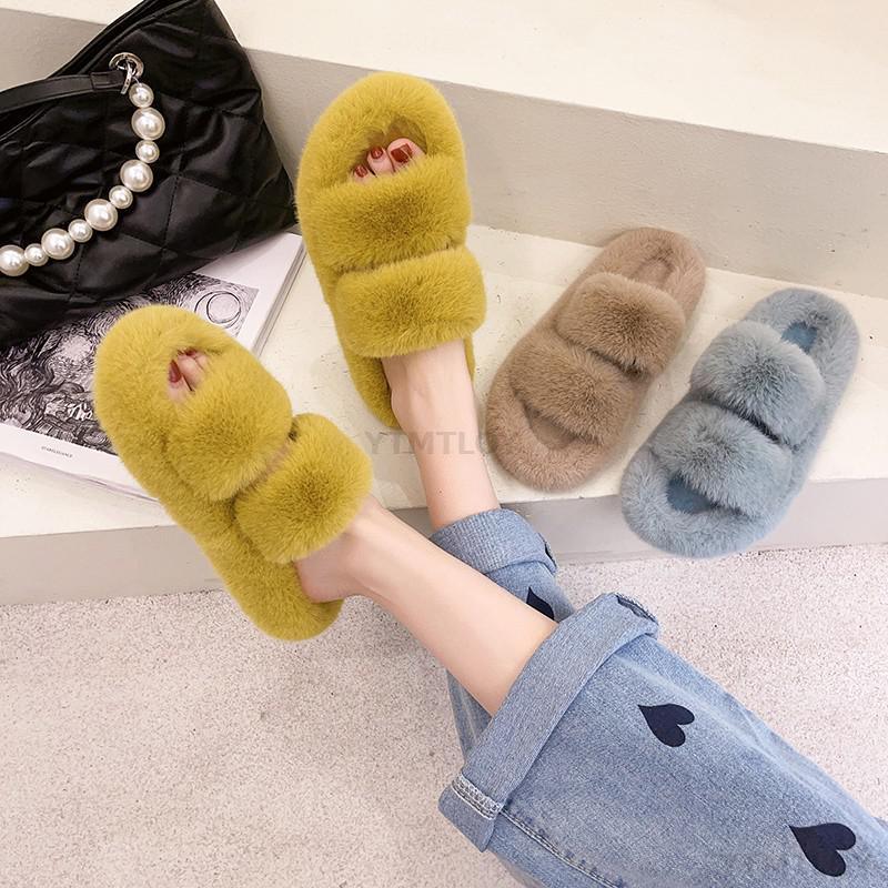 Winter Women House Furry Slippers Fashion Faux Fur Warm Shoes Slip On Flats Home Slides Plush Indoor Furry Cozy Open Toe House Shoes Indoor Outdoor Faux Fur Warm Comfy Slippers Stevvex