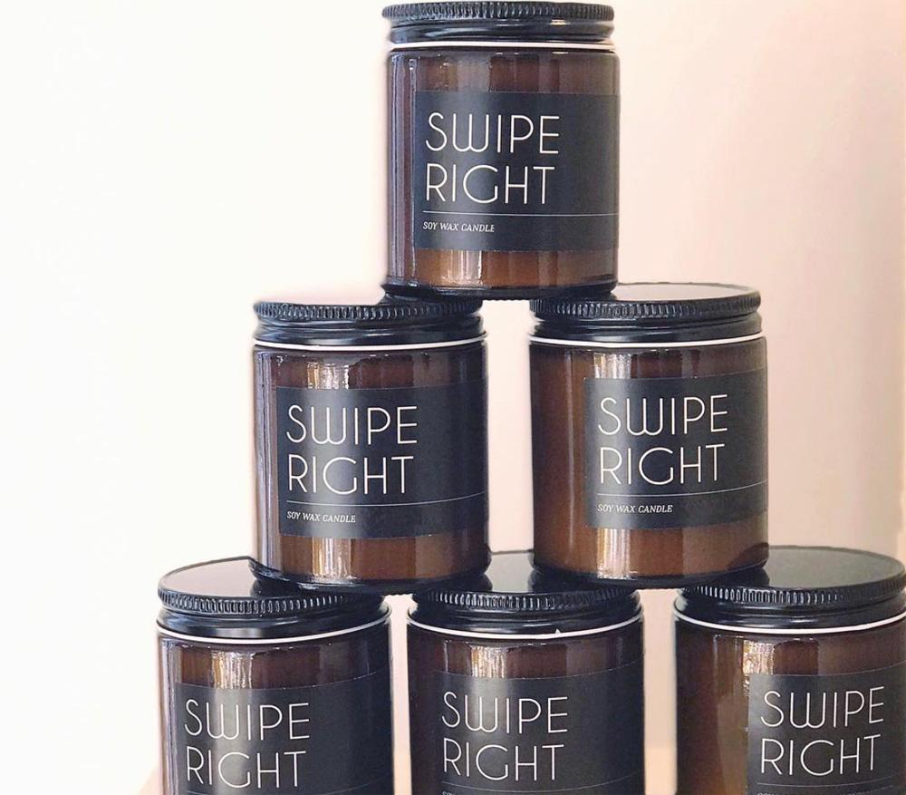 Swipe Right Scented Candle 8oz Soy Candle Spicy Leather Vetiver Myrrh BandsCo Straps