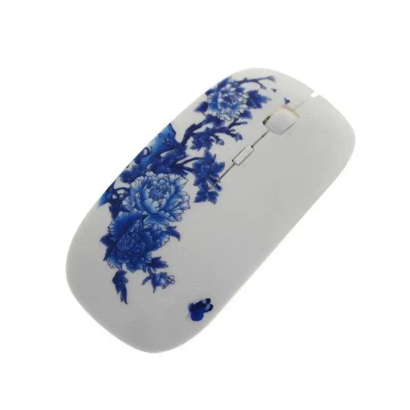 Wireless Blue White Flower Pattern Mouse Optical Mice 1600 DPI Wireless Mouse Portable Mobile Office USB Mouse Stevvex
