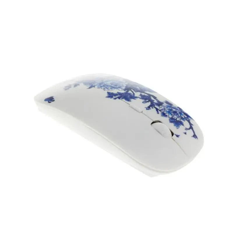 Wireless Blue White Flower Pattern Mouse Optical Mice 1600 DPI Wireless Mouse Portable Mobile Office USB Mouse Stevvex