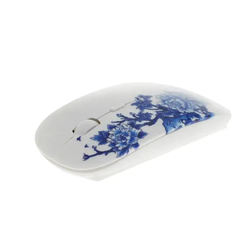Wireless Blue White Flower Pattern Mouse Optical Mice 1600 DPI Wireless Mouse Portable Mobile Office USB Mouse Stevvex