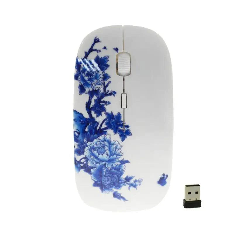Wireless Blue White Flower Pattern Mouse Optical Mice 1600 DPI Wireless Mouse Portable Mobile Office USB Mouse Stevvex