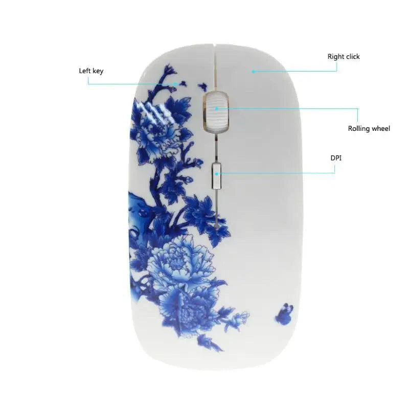 Wireless Blue White Flower Pattern Mouse Optical Mice 1600 DPI Wireless Mouse Portable Mobile Office USB Mouse Stevvex