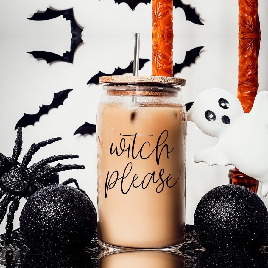 Witch Please 17oz Glass Tumbler With Bamboo Lid Stainless Straws And Cleaner BandsCo Straps
