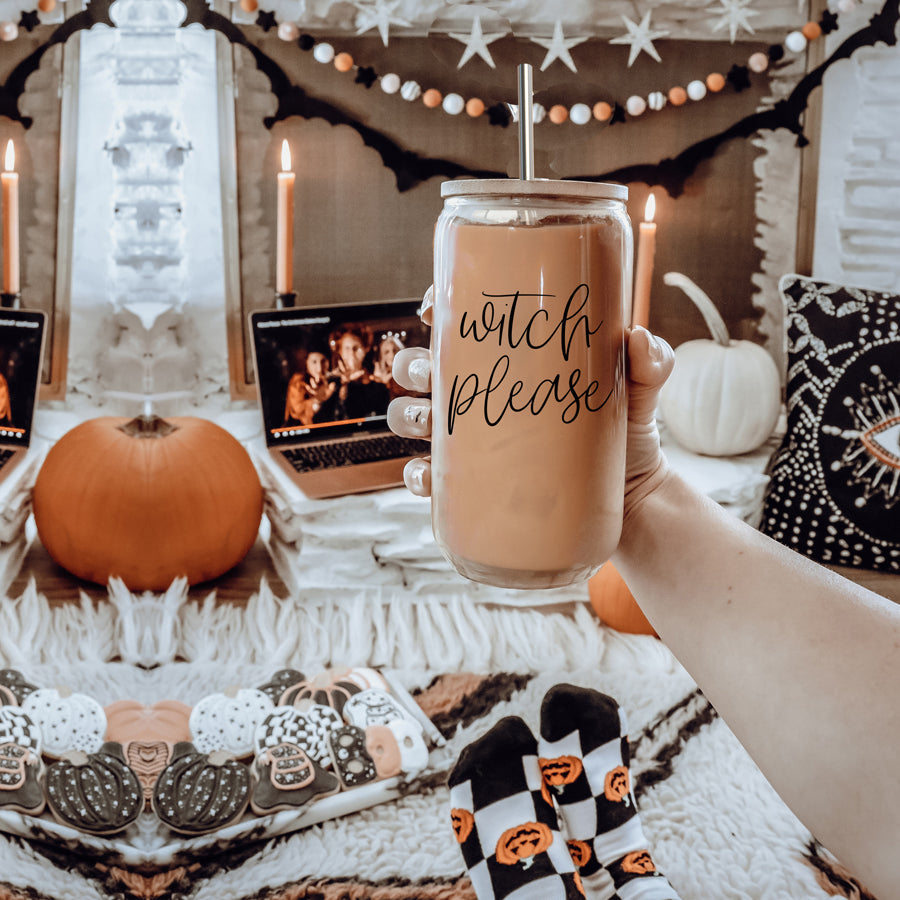 Witch Please 17oz Glass Tumbler With Bamboo Lid Stainless Straws And Cleaner BandsCo Straps