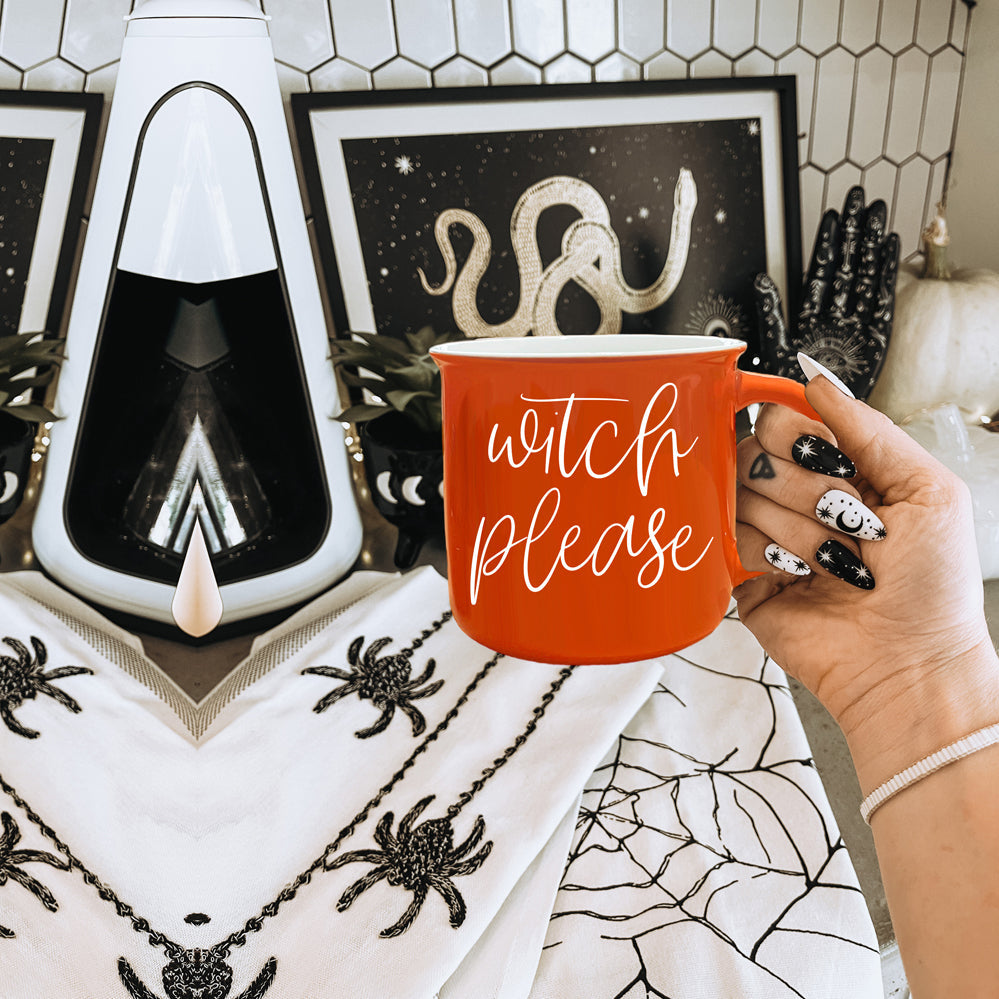 Witch Please Orange Ceramic Campfire Mug 14.5oz Double-Sided White Lettering BandsCo Straps