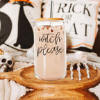 Witch Please 17oz Glass Tumbler With Bamboo Lid Stainless Straws And Cleaner BandsCo Straps