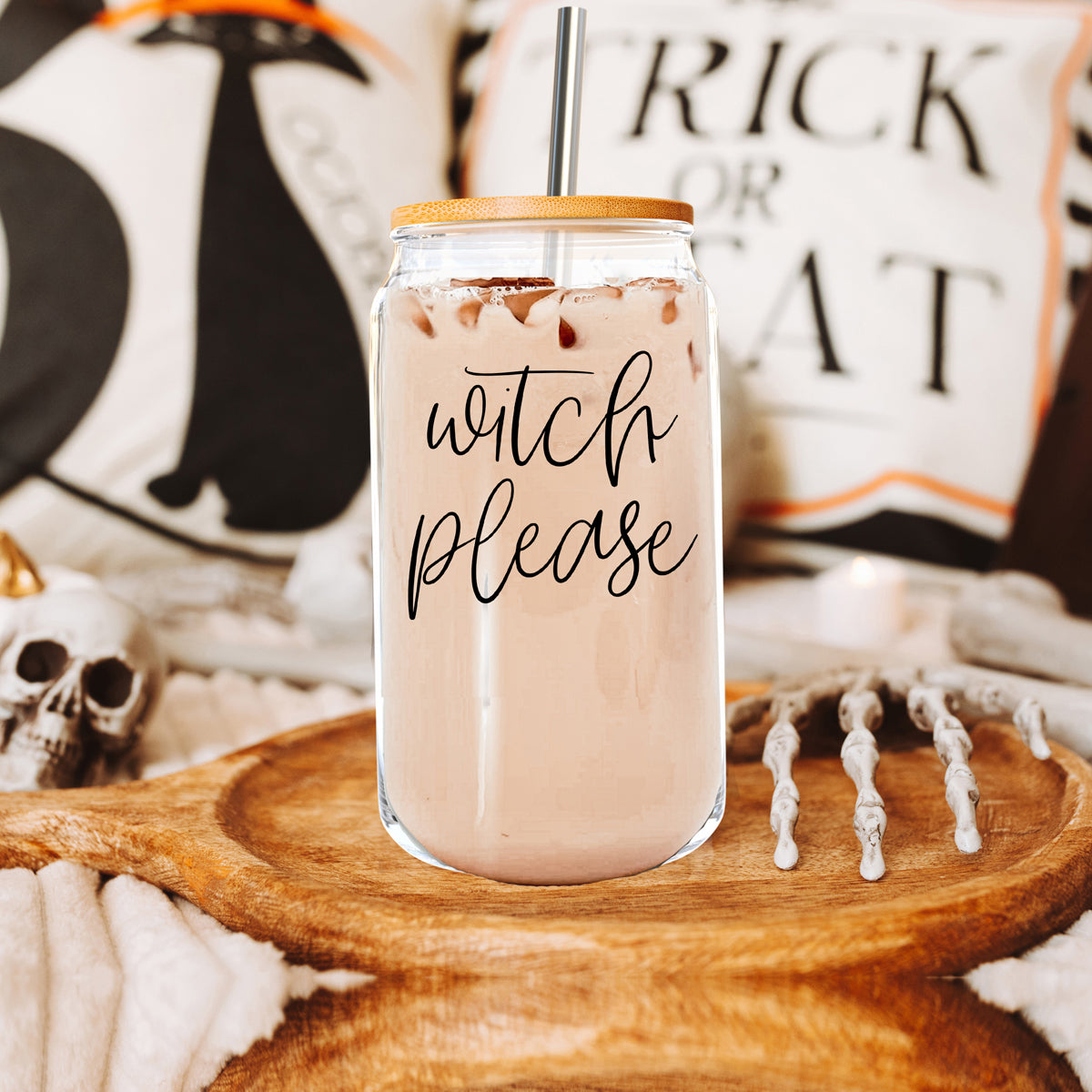 Witch Please 17oz Glass Tumbler With Bamboo Lid Stainless Straws And Cleaner BandsCo Straps