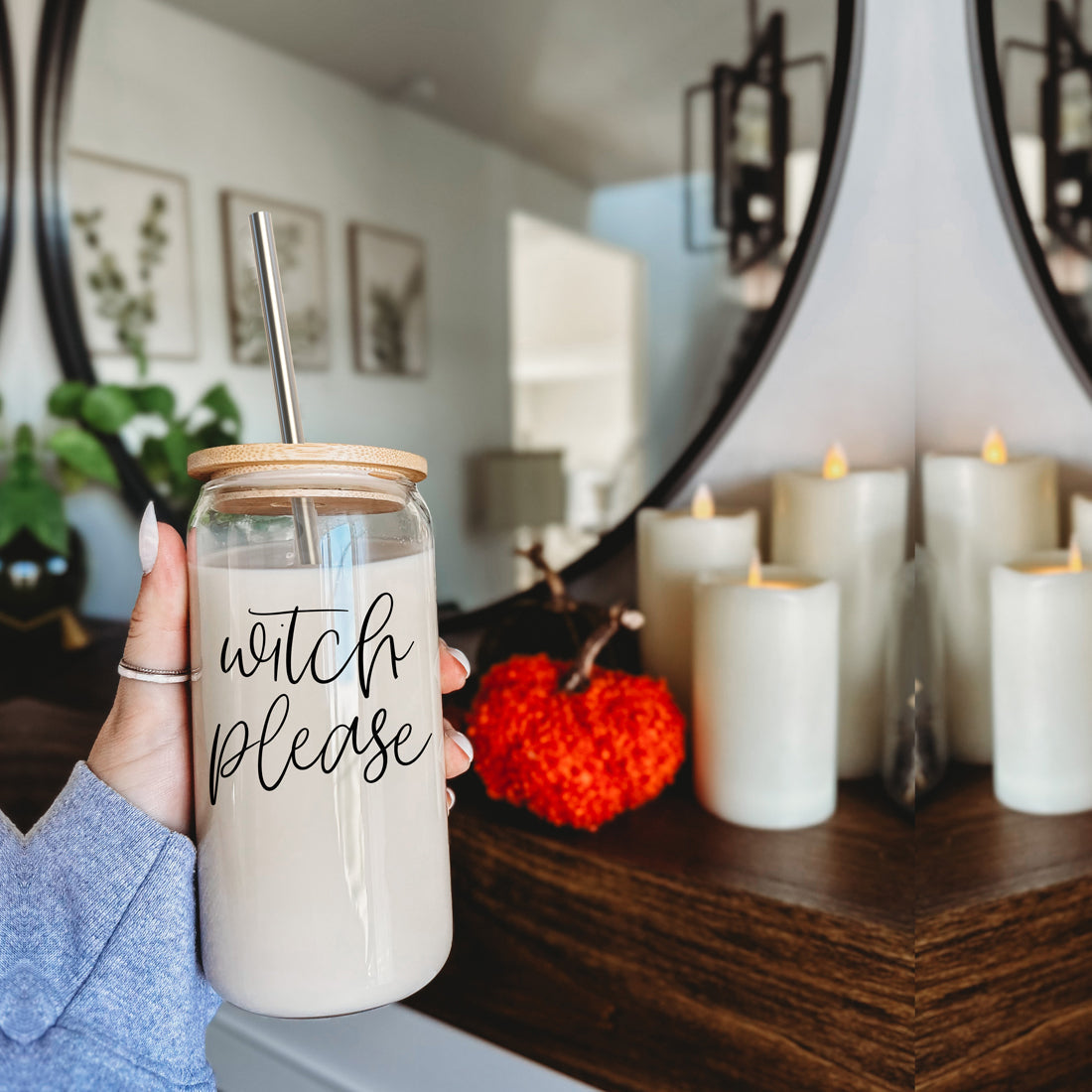 Witch Please 17oz Glass Tumbler With Bamboo Lid Stainless Straws And Cleaner BandsCo Straps