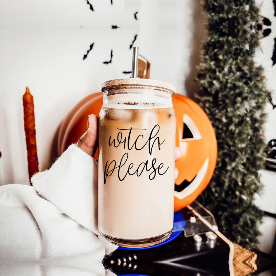 Witch Please 17oz Glass Tumbler With Bamboo Lid Stainless Straws And Cleaner BandsCo Straps