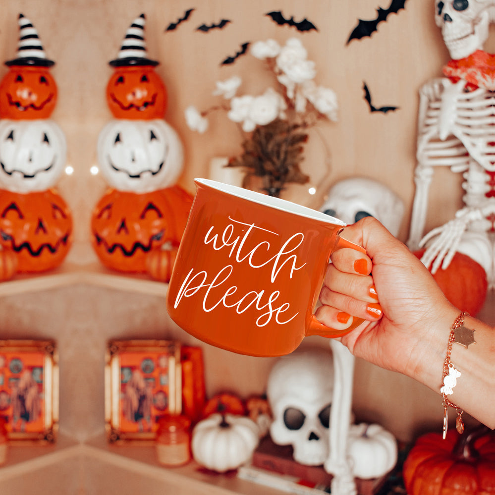 Witch Please Orange Ceramic Campfire Mug 14.5oz Double-Sided White Lettering BandsCo Straps